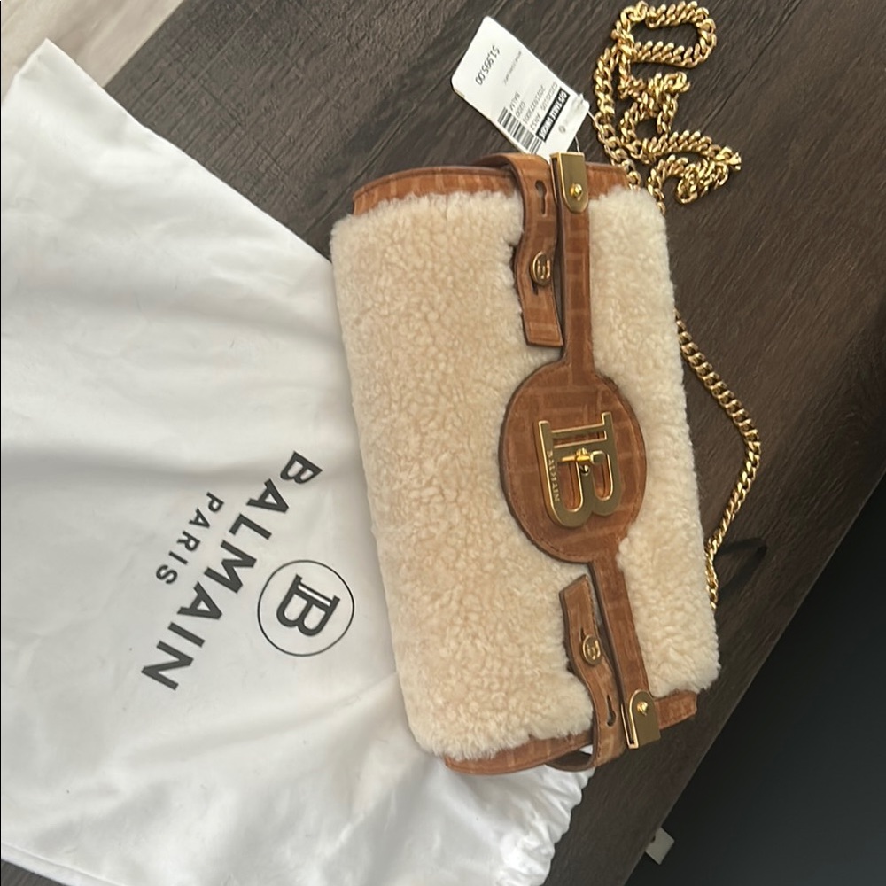 Balmain Cream and Brown Shearling Bag